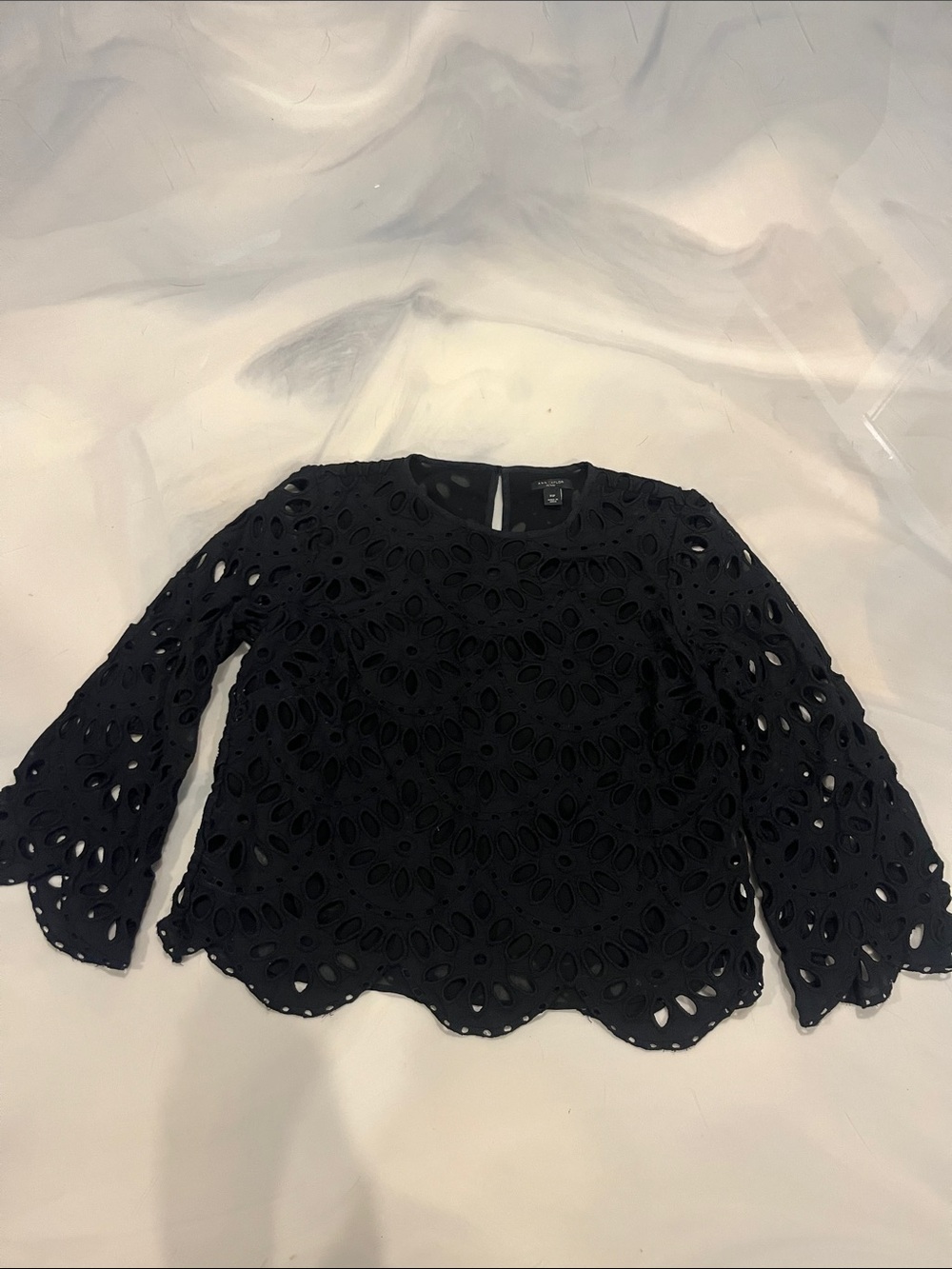 Loft - Black Eyelet Lace Bell-Sleeve Blouse